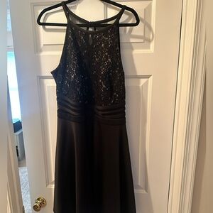 Morgan and Co Macys Brand Black Juniors' Lace Trim Mesh Fit & Flare Dress